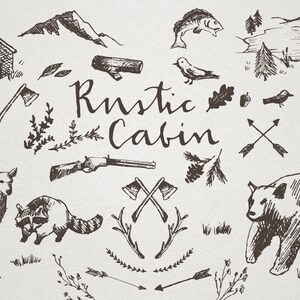 May include: A black and white illustration of a rustic cabin with various nature-themed elements, including a deer, a raccoon, a bear, a fish, a bird, trees, and a log cabin. The text "Rustic Cabin" is written in a stylized font.