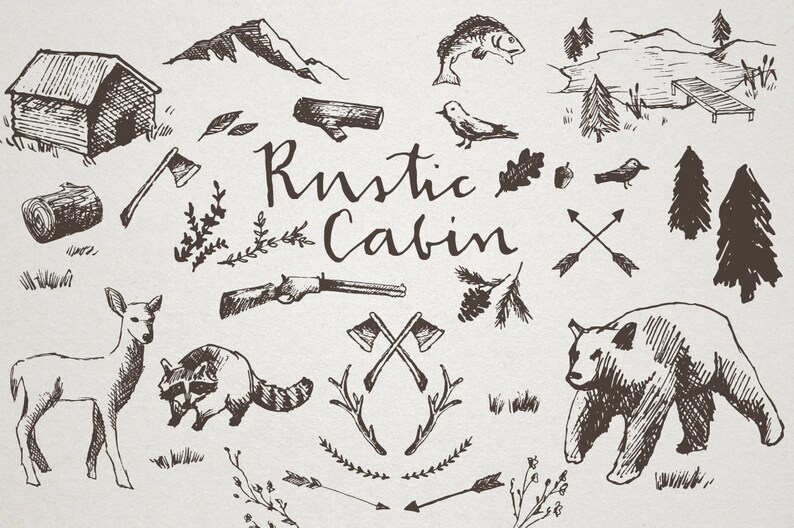 May include: A black and white illustration of a rustic cabin with various nature-themed elements, including a deer, a raccoon, a bear, a fish, a bird, trees, and a log cabin. The text "Rustic Cabin" is written in a stylized font.