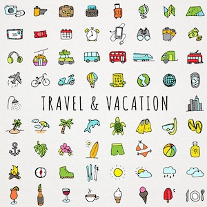 Reizen iconen clipart set - vakantie iconen, reislust clipart, tropische vakantie, kampeerreizen, wereldreizen, verkennen iconen downloaden