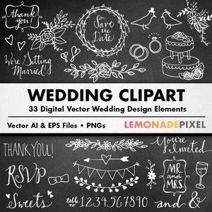 Chalkboard Wedding Clipart - Hand drawn clipart, doodle clipart, floral clip art, chalkboard flowers, marriage clipart, love clipart, hearts