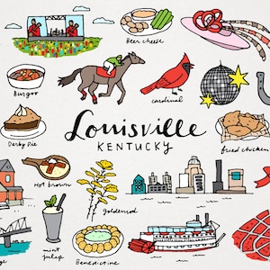 Louisville Kentucky City Clipart Set - voedsel, derby, racepaard, stadsoriëntatiepunten, digitale download, afdrukbare stickers, scrapbooking, skyline