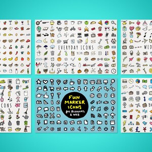 May include: A set of 100 hand-drawn doodle icons in black and white with colorful accents. The icons are organized into categories: Food, Everyday, Wedding, Kids Chores, and Business. The icons are perfect for bloggers and web designers.