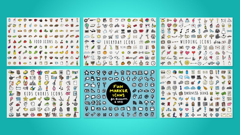 May include: A set of 100 hand-drawn doodle icons in black and white with colorful accents. The icons are organized into categories: Food, Everyday, Wedding, Kids Chores, and Business. The icons are perfect for bloggers and web designers.