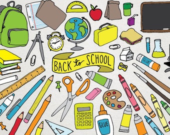 Back to School Clipart - school supplies clipart, backpack, science clipart, art supplies, hand drawn clipart, scrapbooking printables
