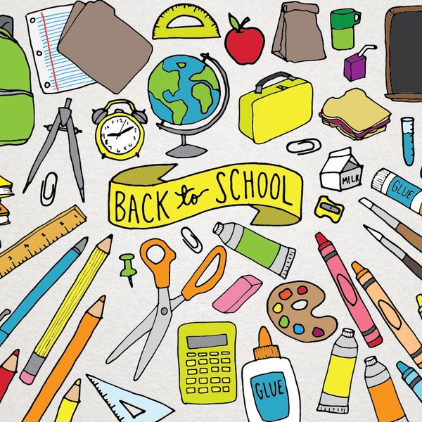 Back to School Clipart - school supplies clipart, backpack, science clipart, art supplies, hand drawn clipart, scrapbooking printables