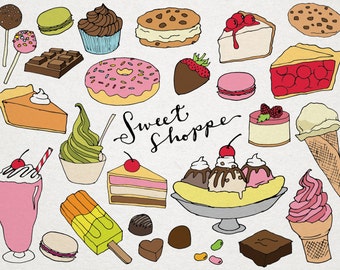 Imágenes prediseñadas de postres: imágenes prediseñadas de dulces, imágenes prediseñadas dibujadas a mano, helados, cupcakes, imágenes prediseñadas de fiestas, chocolate, azúcar, ilustraciones de dulces