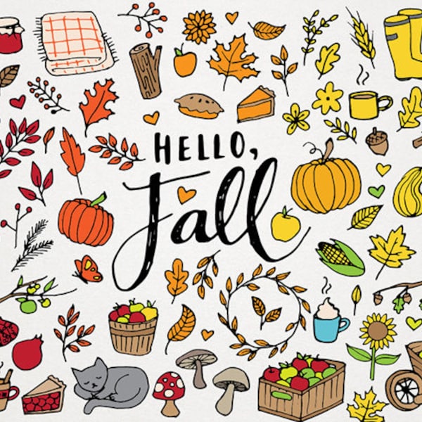 Hello Fall Clipart - autumn clip art, autumn illustrations, commercial license, fall leaves, pumpkin clipart, instant download, fall design