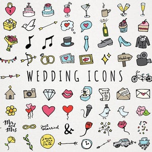 Clipart de ícones de casamento - clipart desenhado à mão, clipart de casamento, ícones de doodle, casamentos diy, ilustrações de casamento, elemento de design de convite