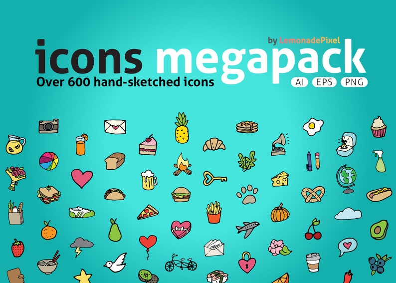 May include: A collection of over 600 hand-sketched icons in a variety of colors and styles. The icons include objects like a camera, a pineapple, a croissant, a key, a paw print, a pumpkin, a cherry, a cloud, and a blueberry. The icons are perfect for use in web design, mobile apps, and other creative projects.