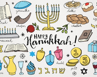 Chanukka Clipart, Feiertage Clipart, handgezeichnete ClipArt, Chanukka Illustrationen, Jüdische Feiertage, Dreidel Menorah Tora Gelt Challah Party