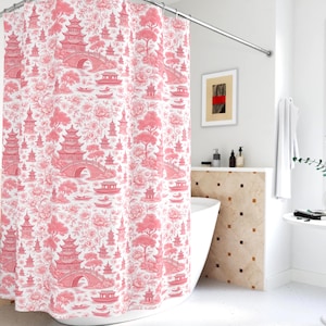 Pink Chinoiserie Toile de Jouy Shower Curtain: French Vintage Bathroom Decor