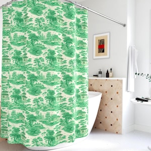Green Chinoiserie Toile de Jouy Shower Curtain – Oriental Landscape Bathroom Decor, Vintage French Style Fabric Curtain