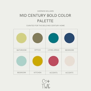 Mid Century Modern Bold Paint Palette, Whole Home Minimalist Paint Colors, Boho Decor, Mid Century Interior Design Paint Color Whole Home