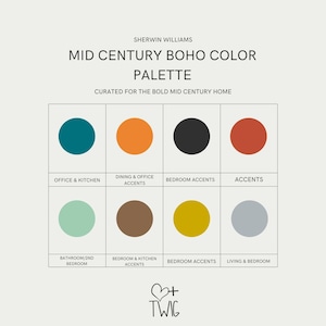 Mid Century Modern Boho Paint Scheme, Whole Home Minimalist Paint Colors, Boho Decor, Mid Century Interior Design Paint Color Whole Home