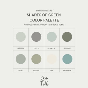 Shades of Green Interior Paint Palette, Whole Home Green Paint Colors, Green Home Decor, Modern Interior Paint Colors for Whole Home