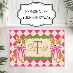 Personalized Corgi Rug – Custom Indoor/Outdoor Mat with Pink Checkered Background, Corgis with Bows & Family Name Monogram