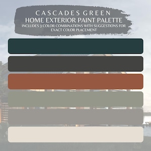 Puede incluir: Una paleta de pintura para el exterior de la casa llamada "Cascades Green" con cinco muestras de colores: verde oscuro, gris antracita, naranja quemado, verde salvia y beige claro. La paleta incluye tres combinaciones de colores con sugerencias para la colocación exacta del color.