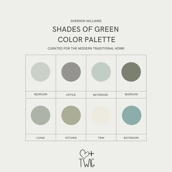 Shades of Green Interior Paint Palette, Whole Home Green Paint Colors,  Green Home Decor, Modern Interior Paint Colors for Whole Home 