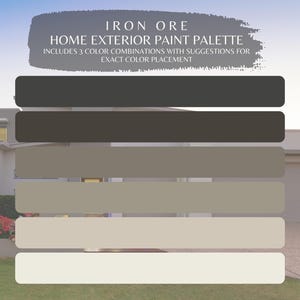 Puede incluir: Una paleta de pintura para el exterior de la casa con cinco muestras de colores, etiquetadas "Iron Ore". Los colores son un marrón oscuro, un marrón medio, un marrón claro, un beige y un blanco.