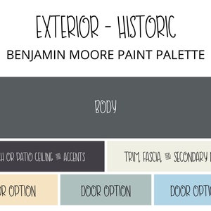 Exterior Historic Paint Color Scheme, Minimalist Exterior Paint Colors, Exterior Paint Palette, Dark Exterior Paint Color Whole Home