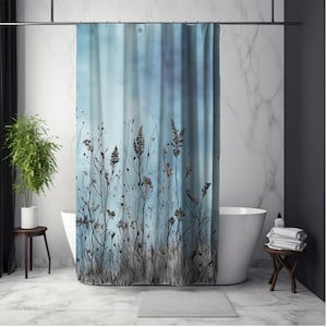 Blue Green Modern Rustic Dried Plants Shower Curtain, Polyester Fabric, Botanical Bath Décor for Farmhouse Country Home, Grunge Background