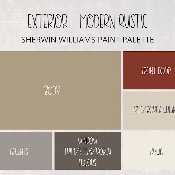 Exterior Modern Rustic Color Scheme, Rustic Farmhouse Exterior Paint Colors, Exterior Paint Palette, Rustic Exterior Paint Color Whole Home