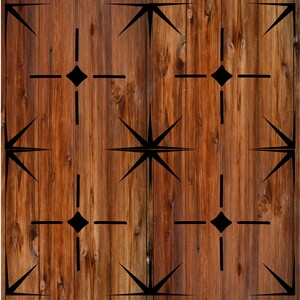 May include: A seamless pattern featuring a wood grain background with a repeating design of black starbursts and diamond shapes. The wood has a warm, brown tone with visible grain and knots.