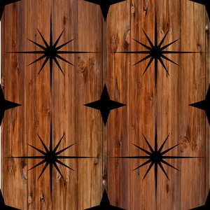May include: A seamless pattern of four black starbursts on a brown woodgrain background.