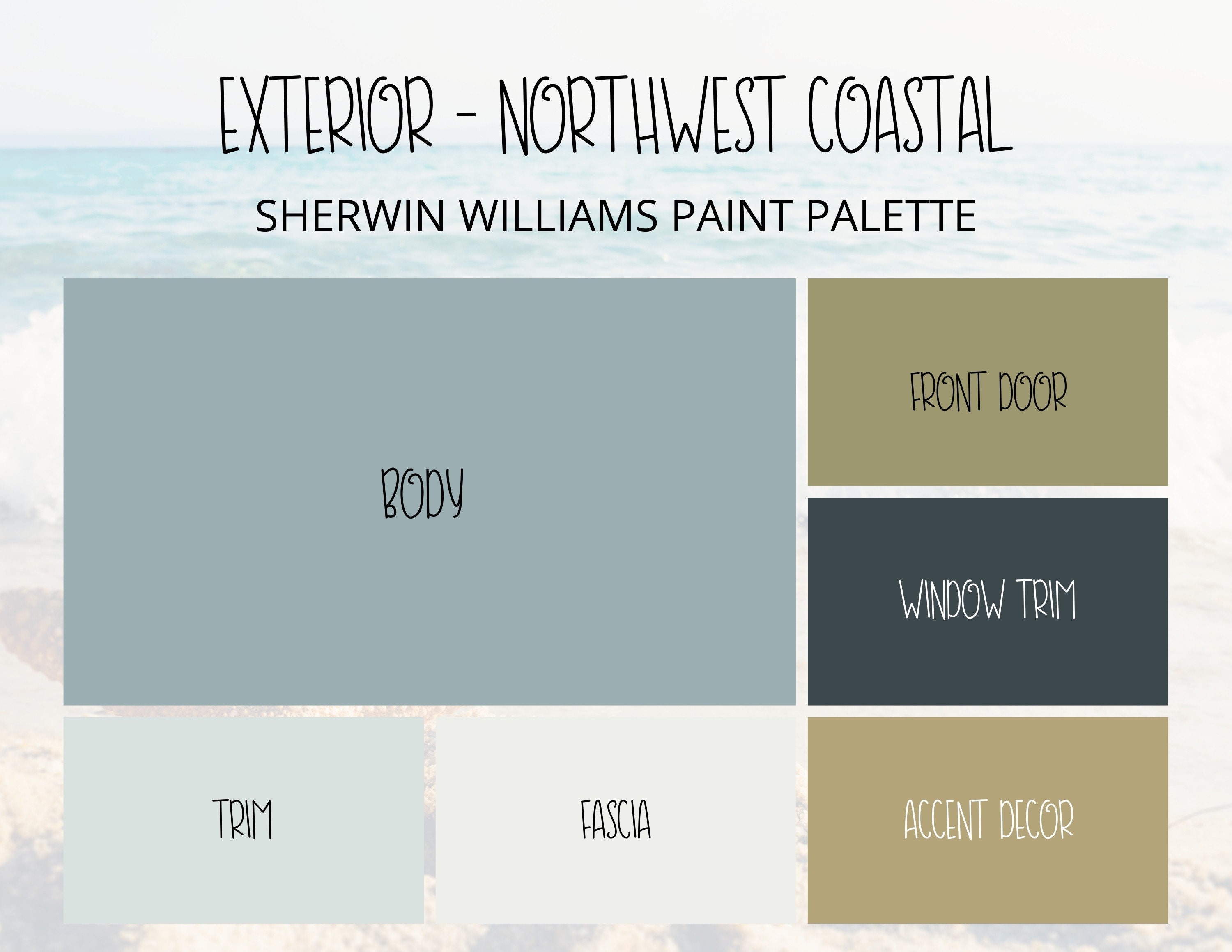 Northwest Coastal Exterior Paint Palette: 6 Sherwin Williams Colors (Digital Download)