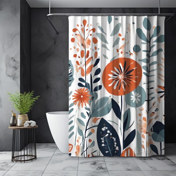 Scandinavian Kurbits Orange and Blue Floral Shower Curtain, Bright Boho Folk Art Print, Housewarming Gift,  71x74 in.