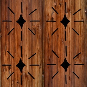 May include: Two wooden panels with a geometric pattern cut out. The pattern is a series of lines and diamonds.