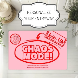Funny Chaos Mode Welcome Mat: Pink & Red Indoor Outdoor Doormat