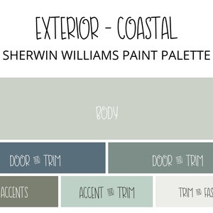 Blue Color Palette, Beach House Exterior Paint Color Scheme, Exterior Sherwin Williams Paint Color, Exterior Paint Color Whole Home