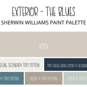 Exterior Blue Paint Color Scheme, Blue Farmhouse Exterior Paint Colors, Exterior Paint Palette, Coastal Exterior Paint Color Whole Home