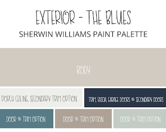 Esquema de cores para pintura externa de casa de fazenda azul: paleta da Sherwin Williams (download digital)