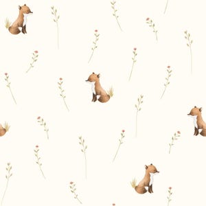 Könnte beinhalten: Ein nahtloses Muster mit braunen Füchsen und kleinen grünen Pflanzen mit rosa Blüten auf weißem Hintergrund.