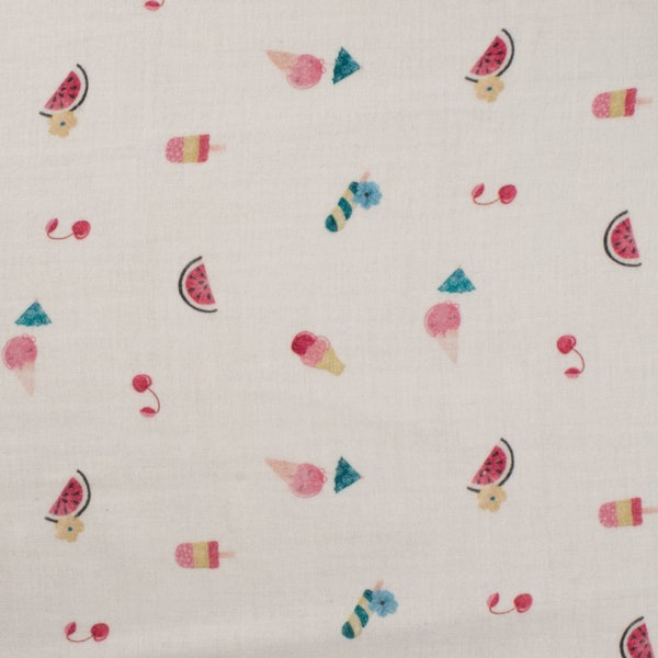 Muslin fabric double gauze Ice Cream and Melons White