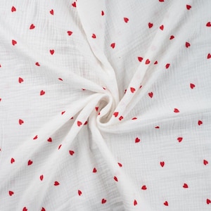 Musselin Stoff  Double Gauze  'HEARTS'  Weiß  Rot