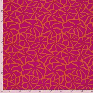 May include: A vibrant fabric featuring a repeating pattern of stylized orange floral shapes against a bright magenta background. The design has a modern, abstract feel, suitable for various craft projects.