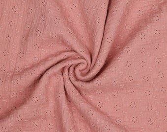 Muslin fabric double gauze embroidery 'FLOWERS' Mauve