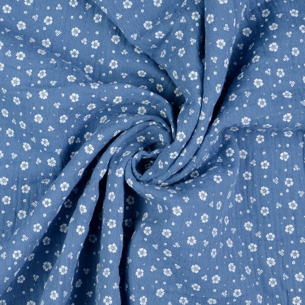 Muslin fabric double gauze scattered flowers denim blue