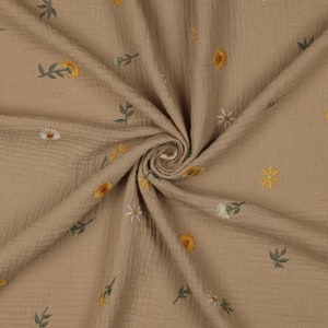 Muslin fabric double gauze embroidery 'SUNFLOWERS' beige