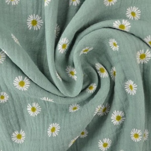 Muslin fabric double gauze &#39;Daisies&#39; old green