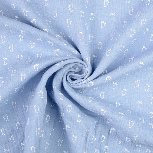 Muslin fabric double gauze foot print light blue