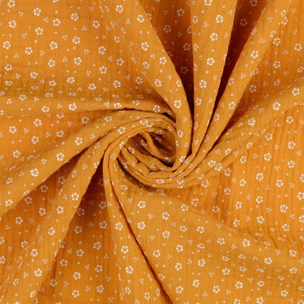 Muslin Fabric Double Gauze Scattered Flowers Mustard Yellow