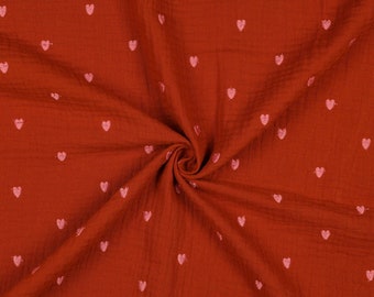 Muslin fabric double gauze embroidery hearts rust