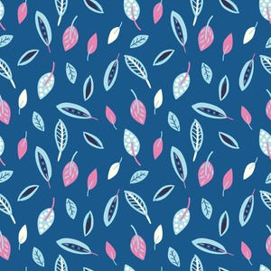 Peut inclure: Motif répété de feuilles stylisées bleues, roses et blanches sur fond bleu foncé. Le motif présente diverses formes de feuilles, créant un motif botanique dynamique, idéal pour les textiles ou les papiers peints.
