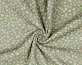 Muslin fabric double gauze FLOWERS light green