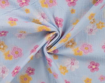 Tejido de muselina doble gasa 'FLORES' azul claro