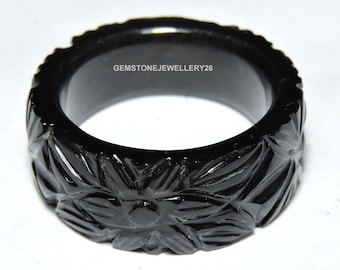Black Obsidian Carved Band Ring, Natural Gemstone